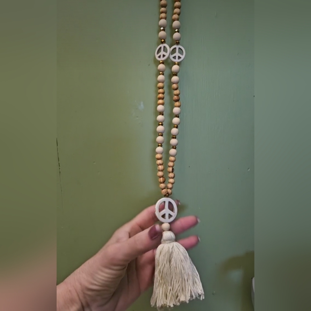 Peace Sign Tassel Wood Beaded Handmade Long Necklace - Picture 11 of 14
